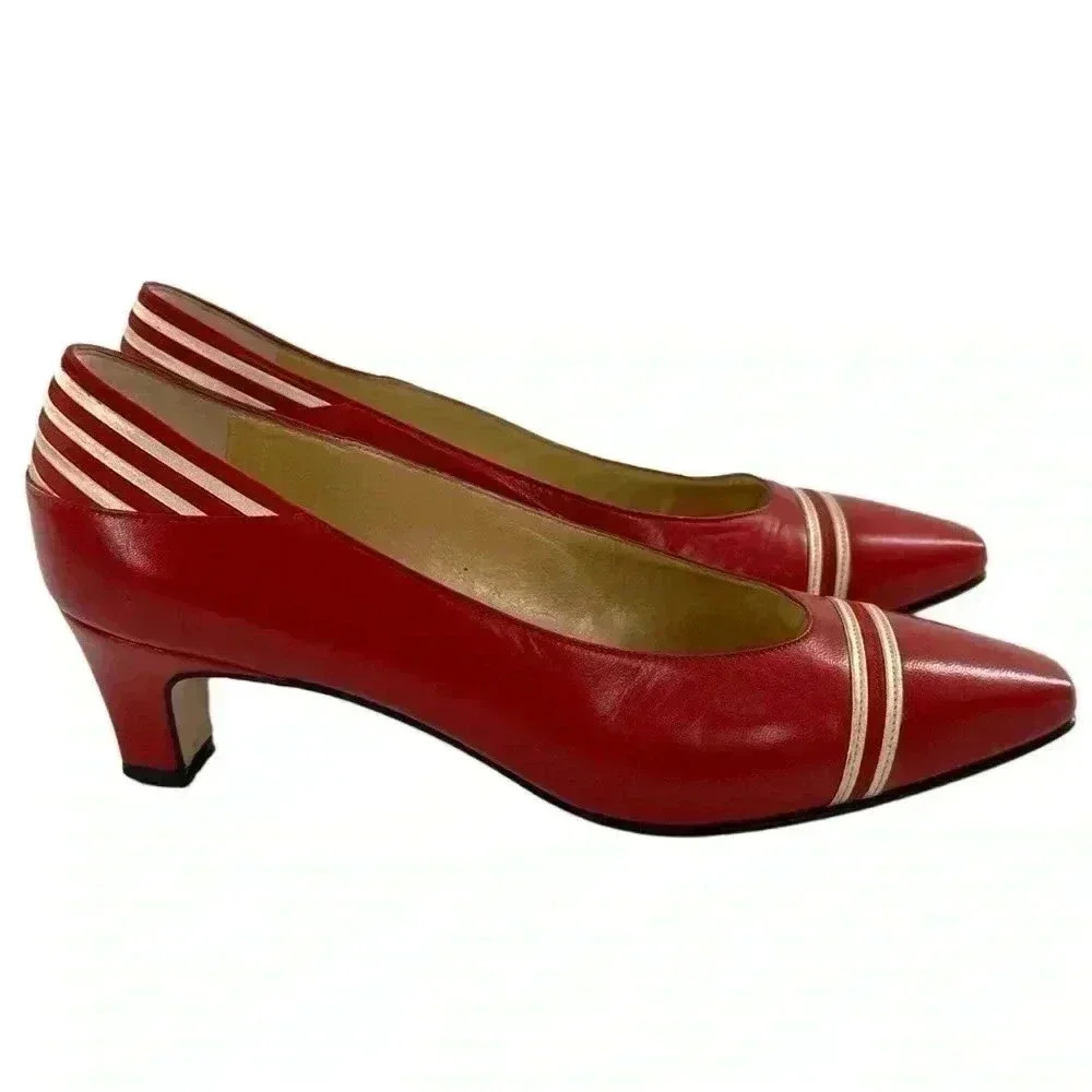 Bally womens heels size 7 N red gold Italian leather cap toe 80s 90s vintage